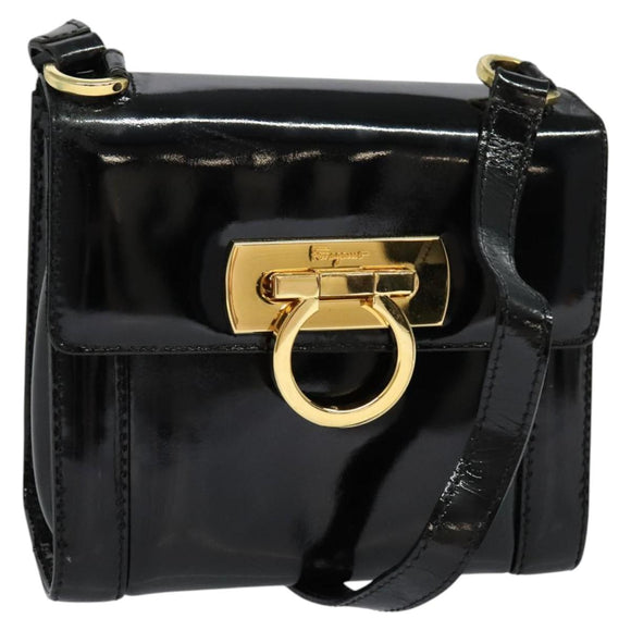 Salvatore Ferragamo Gancini Shoulder Bag Enamel Black Gold Auth KD105