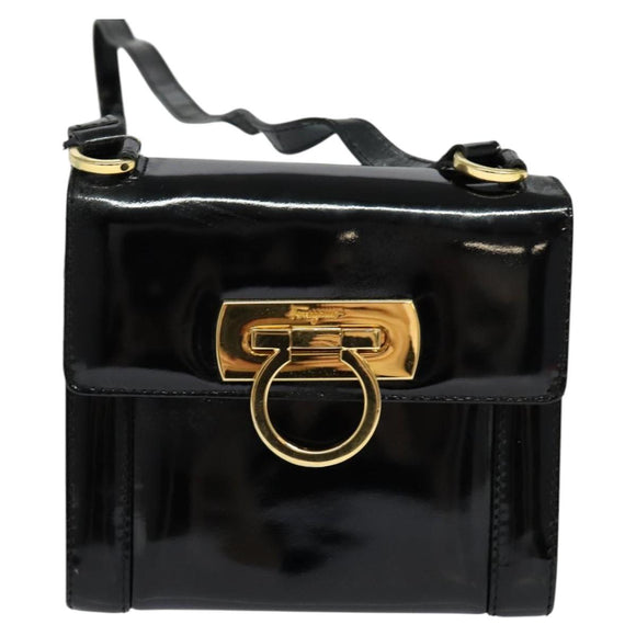 Salvatore Ferragamo Gancini Shoulder Bag Enamel Black Gold Auth KD105
