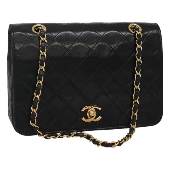 CHANEL Matelasse Chain Shoulder Bag Lamb Skin Black Gold CC Auth KD113