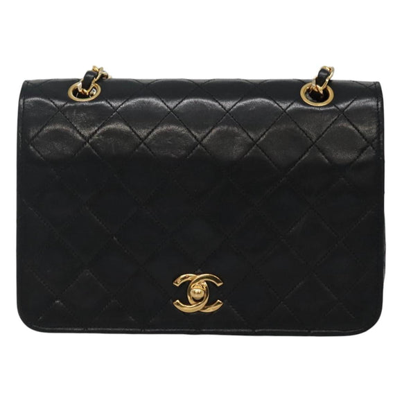 CHANEL Matelasse Chain Shoulder Bag Lamb Skin Black Gold CC Auth KD113