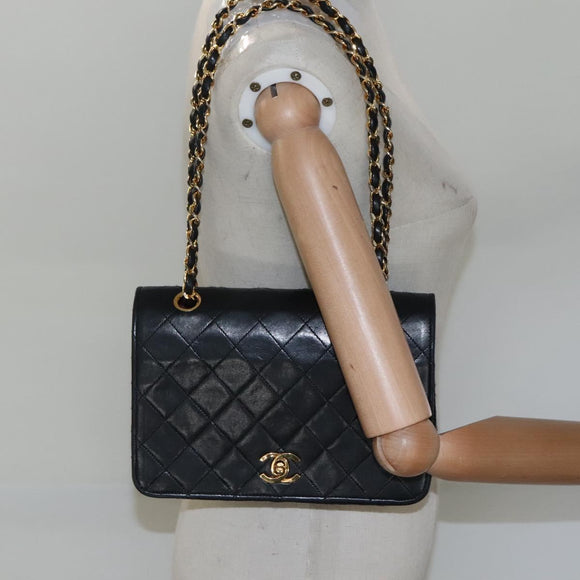 CHANEL Matelasse Chain Shoulder Bag Lamb Skin Black Gold CC Auth KD113
