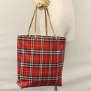 BURBERRY Nova Check Tote Bag Nylon Red Silver Auth KD137-21