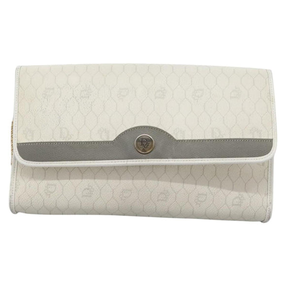 Christian Dior Honeycomb Canvas Chain Shoulder Bag PVC Leather White Auth KD140