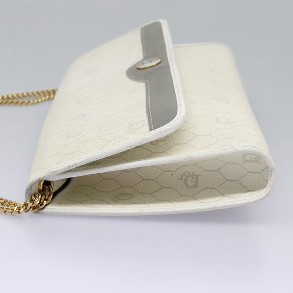 Christian Dior Honeycomb Canvas Chain Shoulder Bag PVC Leather White Auth KD140