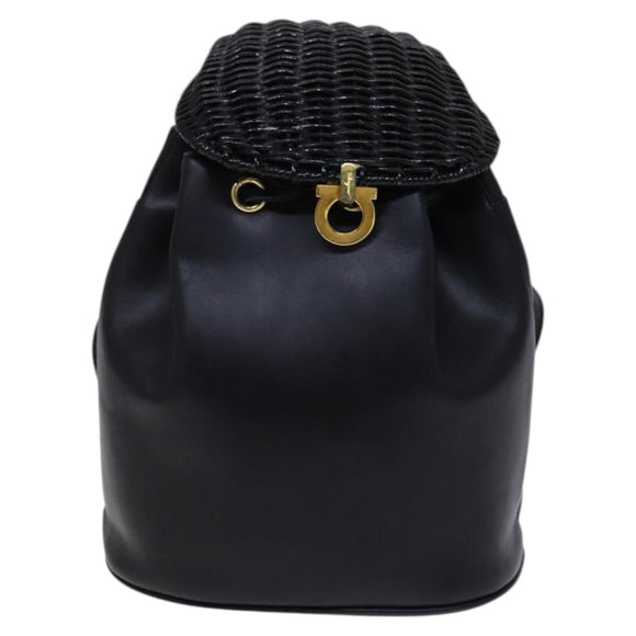 Salvatore Ferragamo Backpack Leather Black Gold Auth KD177