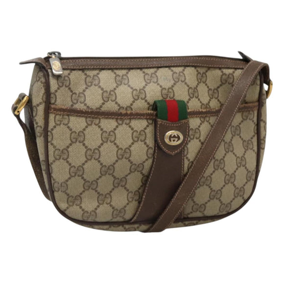 GUCCI GG Supreme Web Sherry Line Shoulder Bag PVC Beige Gold Auth KD211