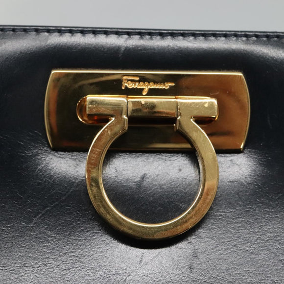 Salvatore Ferragamo Gancini Chain Shoulder Bag Leather Navy Gold Auth KD216