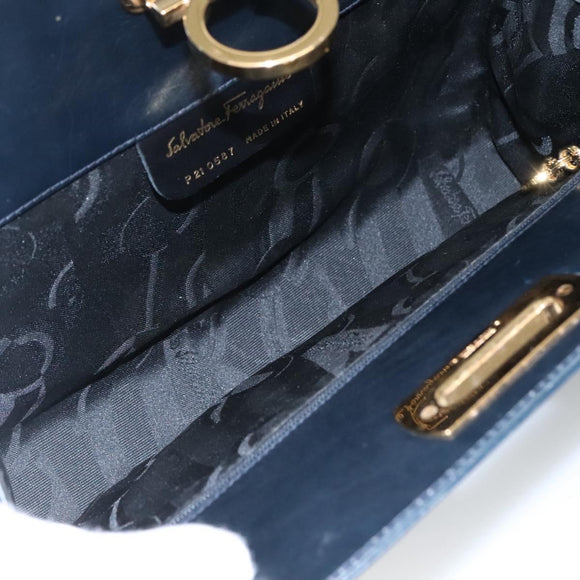 Salvatore Ferragamo Gancini Chain Shoulder Bag Leather Navy Gold Auth KD216