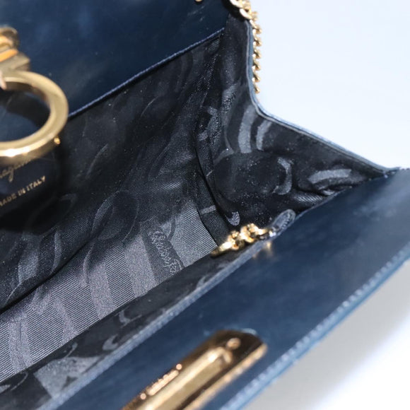 Salvatore Ferragamo Gancini Chain Shoulder Bag Leather Navy Gold Auth KD216