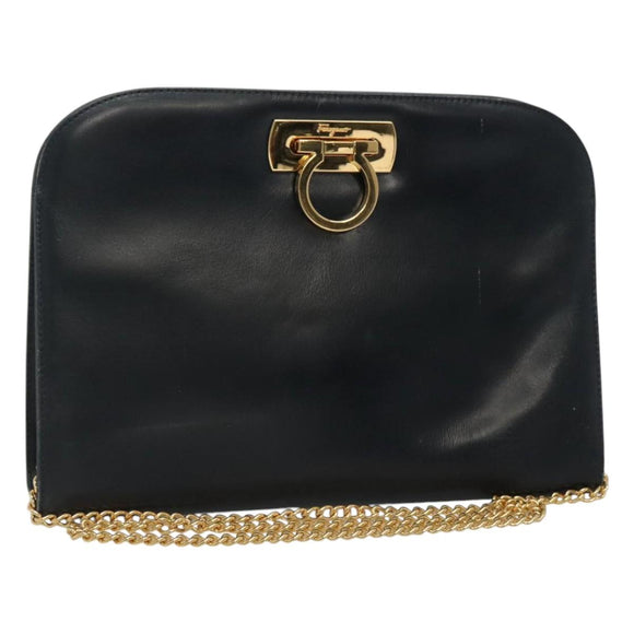 Salvatore Ferragamo Gancini Chain Shoulder Bag Leather Navy Gold Auth KD216