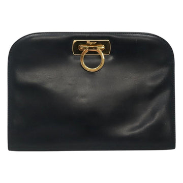 Salvatore Ferragamo Gancini Chain Shoulder Bag Leather Navy Gold Auth KD216 - 0