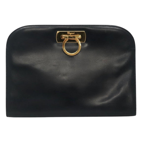 Salvatore Ferragamo Gancini Chain Shoulder Bag Leather Navy Gold Auth KD216