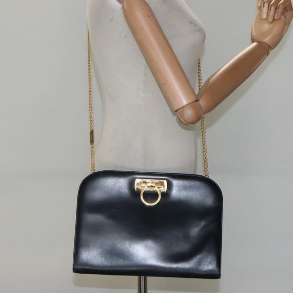 Salvatore Ferragamo Gancini Chain Shoulder Bag Leather Navy Gold Auth KD216