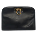 Salvatore Ferragamo Gancini Chain Shoulder Bag Leather Navy Gold Auth KD216-13