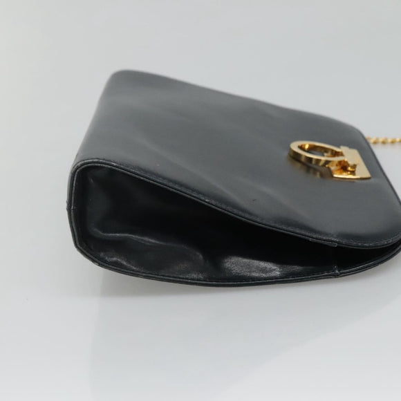 Salvatore Ferragamo Gancini Chain Shoulder Bag Leather Navy Gold Auth KD216