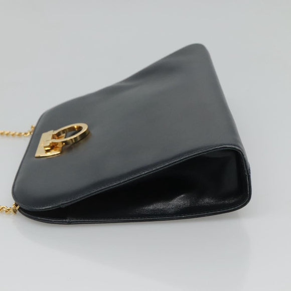 Salvatore Ferragamo Gancini Chain Shoulder Bag Leather Navy Gold Auth KD216