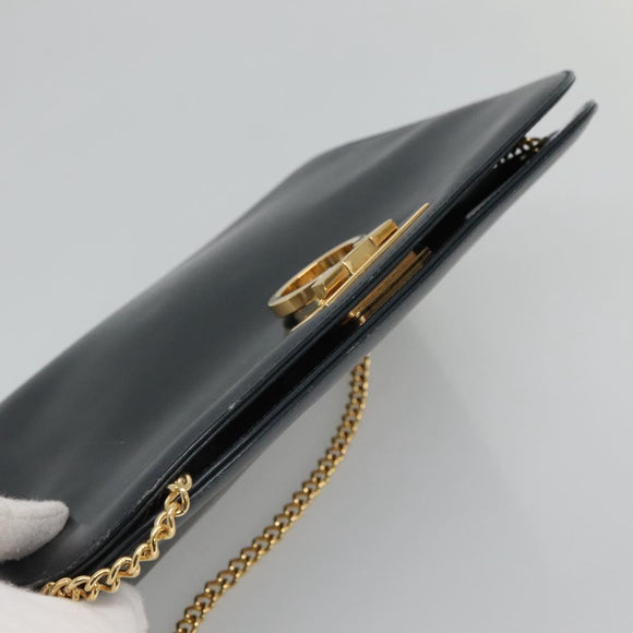 Salvatore Ferragamo Gancini Chain Shoulder Bag Leather Navy Gold Auth KD216