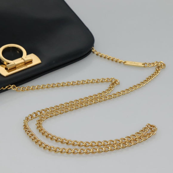Salvatore Ferragamo Gancini Chain Shoulder Bag Leather Navy Gold Auth KD216