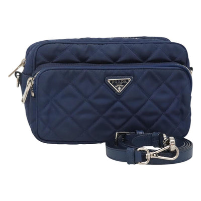 PRADA Quilted Shoulder Bag Nylon Blue Silver Auth KD263