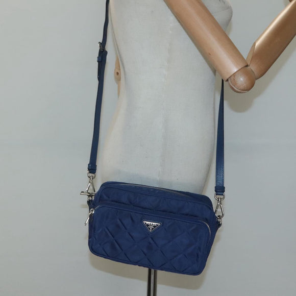 PRADA Quilted Shoulder Bag Nylon Blue Silver Auth KD263