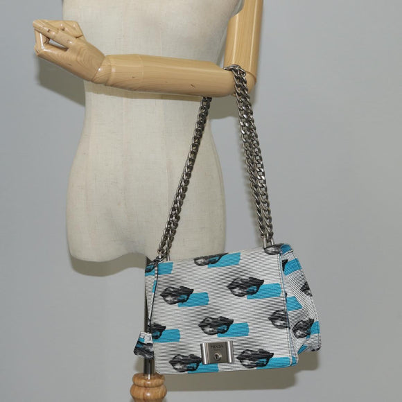 PRADA Chain Shoulder Bag Leather Blue Silver Auth KD283M