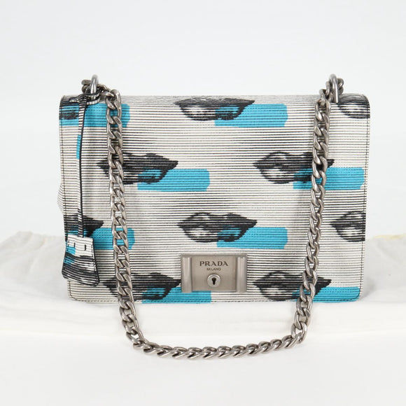 PRADA Chain Shoulder Bag Leather Blue Silver Auth KD283M