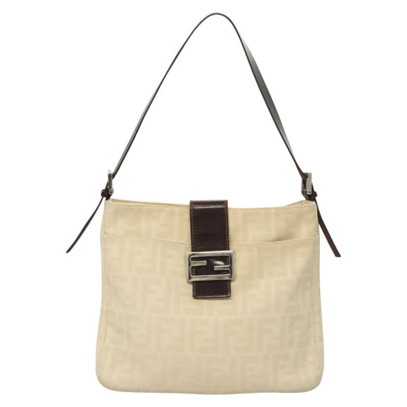 FENDI Zucca Canvas Mamma Baguette Shoulder Bag Beige Silver Auth KD315