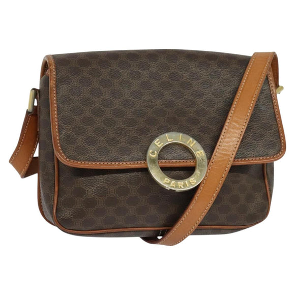 CELINE Macadam Canvas Shoulder Bag PVC Leather Brown Gold Auth KD334
