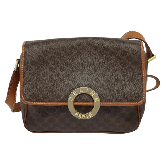 CELINE Macadam Canvas Shoulder Bag PVC Leather Brown Gold Auth KD334