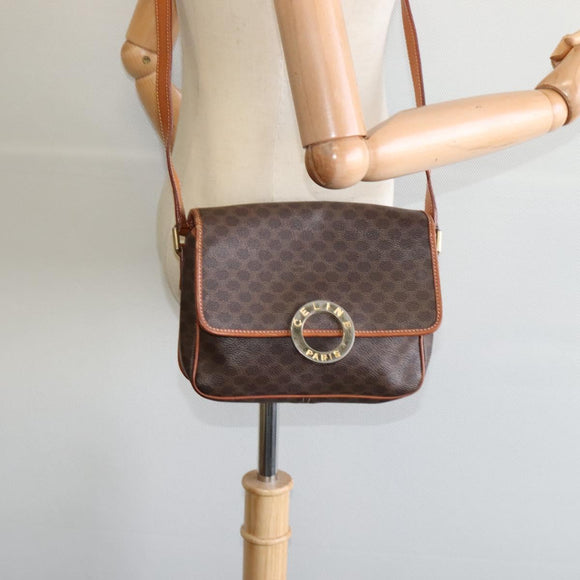 CELINE Macadam Canvas Shoulder Bag PVC Leather Brown Gold Auth KD334