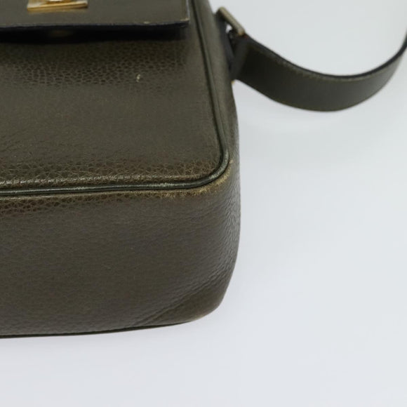 CELINE Shoulder Bag Leather Khaki Gold Auth KD335
