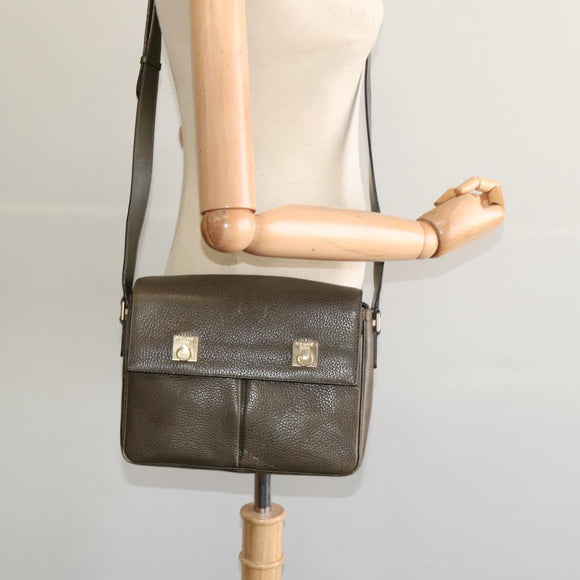 CELINE Shoulder Bag Leather Khaki Gold Auth KD335