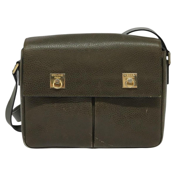CELINE Shoulder Bag Leather Khaki Gold Auth KD335