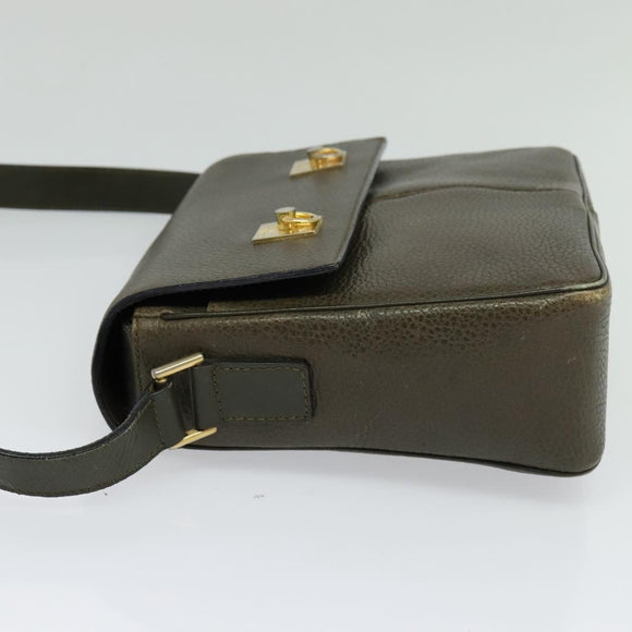 CELINE Shoulder Bag Leather Khaki Gold Auth KD335