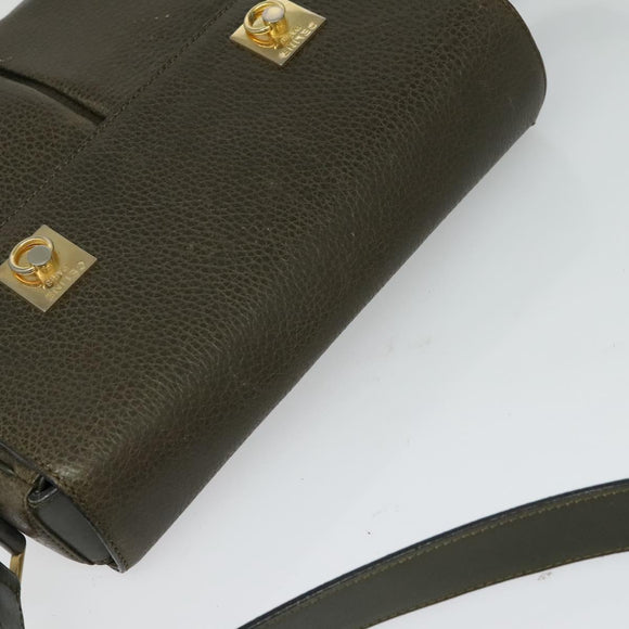 CELINE Shoulder Bag Leather Khaki Gold Auth KD335