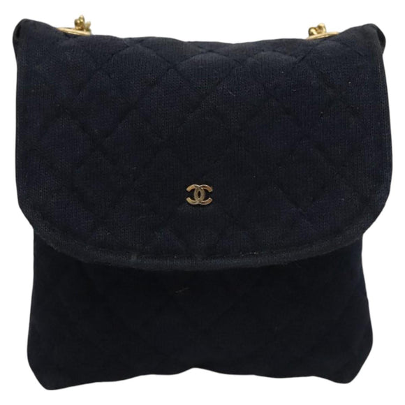 CHANEL Mini Matelasse Chain Pouch Cotton Navy Gold CC Auth KD377