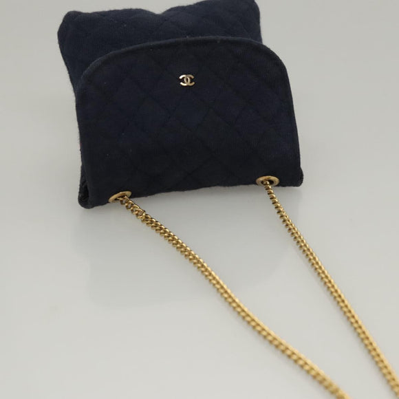 CHANEL Mini Matelasse Chain Pouch Cotton Navy Gold CC Auth KD377