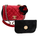 CHANEL Matelasse Camellia Chain Shoulder Bag Velor Red CC Auth KD378SM-1