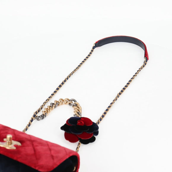 CHANEL Matelasse Camellia Chain Shoulder Bag Velor Red CC Auth KD378SM