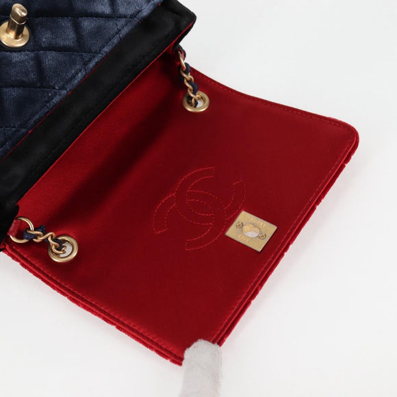 CHANEL Matelasse Camellia Chain Shoulder Bag Velor Red CC Auth KD378SM