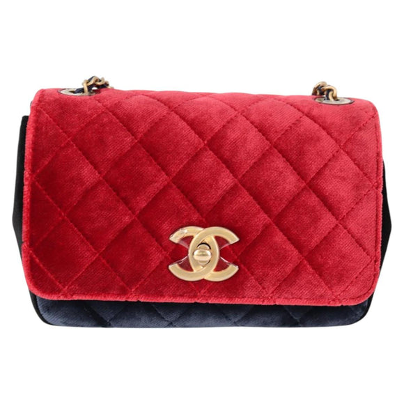 CHANEL Matelasse Camellia Chain Schultertasche Velour Rot CC Auth KD378SM