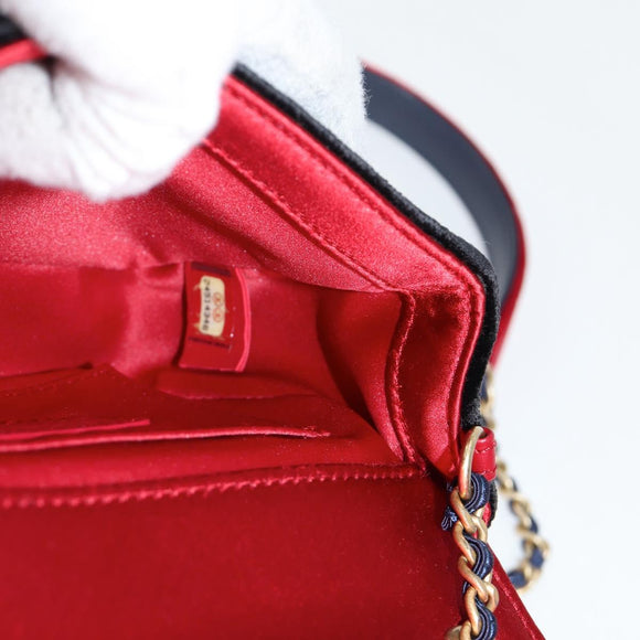 CHANEL Matelasse Camellia Chain Shoulder Bag Velor Red CC Auth KD378SM