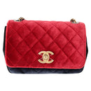 CHANEL Matelasse Camellia Chain Shoulder Bag Velor Red CC Auth KD378SM-2
