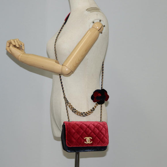 CHANEL Matelasse Camellia Chain Shoulder Bag Velor Red CC Auth KD378SM