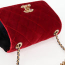 CHANEL Matelasse Camellia Chain Shoulder Bag Velor Red CC Auth KD378SM-7