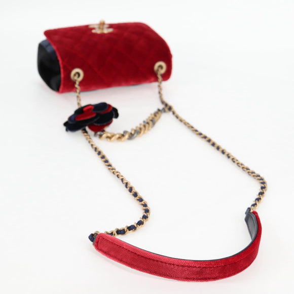 CHANEL Matelasse Camellia Chain Shoulder Bag Velor Red CC Auth KD378SM