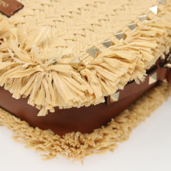 Valentino Studs Shoulder Bag Raffia Beige Brown gold Auth KD385V