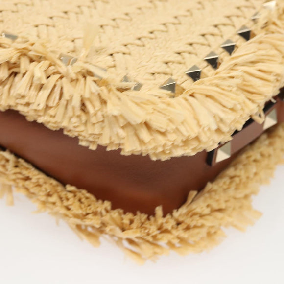Valentino Studs Shoulder Bag Raffia Beige Brown gold Auth KD385V