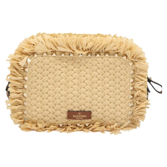 Valentino Studs Shoulder Bag Raffia Beige Brown gold Auth KD385V
