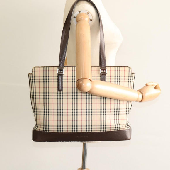 BURBERRY Nova Check Tote Bag Canvas Beige Silver Auth KD427